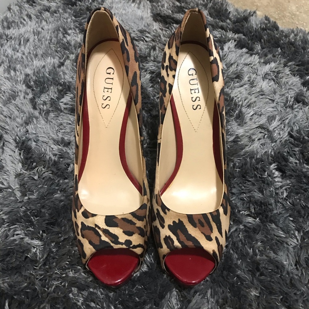 Guess Leopard Print Peep-Toe Pumps with Red Toe